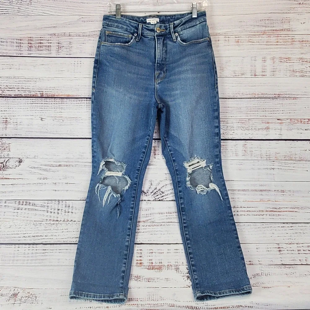 Good American High Rise Ripped Knee Jeans Straight Leg Gorpcore Grunge 6 (28)